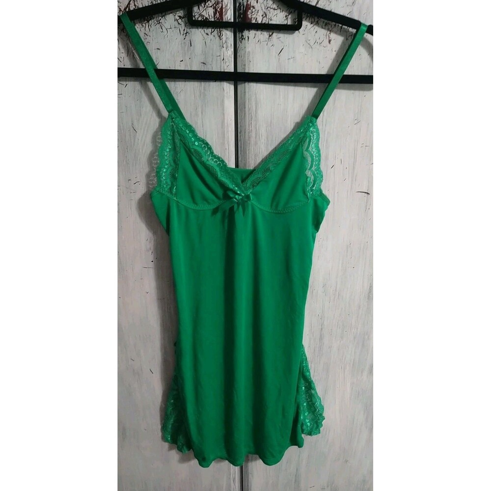 Lacey V Neck Mini Side Slit Dress Green Small Vintage Y2K lace romantic fairy